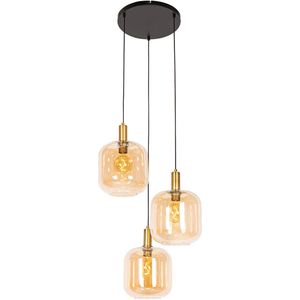Design hanglamp zwart met messing en amber glas 3-lichts - Zuzanna
