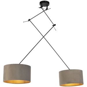Hanglamp zwart met velours kappen taupe met goud 35 cm 2-lichts - Blitz