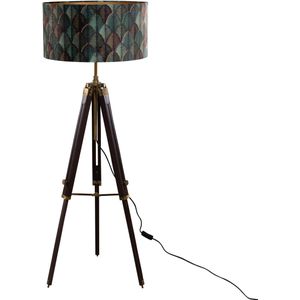 Vloerlamp messing tripod met velours lampenkap blad dessin met gouden binnenkant - Cortin