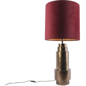 Art deco tafellamp brons velours kap rood met goud 40 cm - Bruut