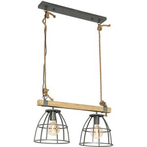 Industriële hanglamp donkergrijs met hout 2-lichts - Arthur