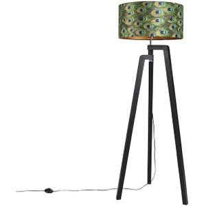 Vloerlamp tripod zwart met kap pauw dessin 50 cm - Puros