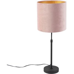 Tafellamp zwart met velours kap roze met goud 25 cm - Parte