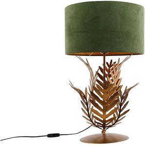 Vintage tafellamp goud 33 cm met velours kap groen 35 cm - Botanica
