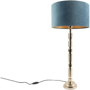 Art deco tafellamp goud met velours blauwe kap 35 cm - Torre