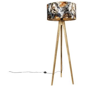 Vintage vloerlamp hout kap bloem dessin 50 cm - Tripod Classic