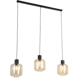 Design hanglamp zwart met amber glas 3-lichts 161,5 cm - Qara