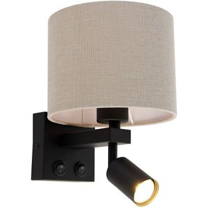 Wandlamp zwart met leeslamp en kap 18 cm lichtbruin - Brescia