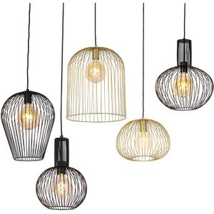 Set van 5 design hanglampen zwart en goud - Wires