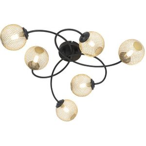Moderne plafondlamp zwart met goud 6-lichts - Athens Wire