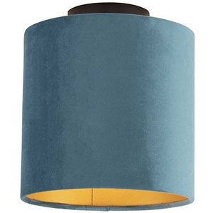 Plafondlamp met velours kap blauw met goud 20 cm - Combi zwart