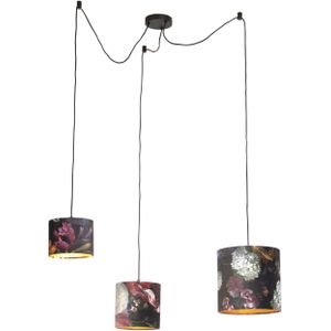 Hanglamp met 3 velours kappen bloemen met goud - Cava