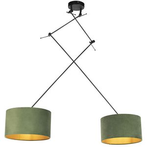 Hanglamp zwart met velours kappen groen met goud 35 cm 2-lichts - Blitz