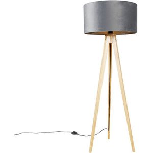 Vloerlamp hout met stoffen kap grijs 50 cm - Tripod Classic