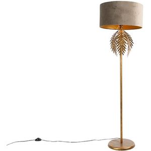 Vintage vloerlamp goud 145 cm met velours kap taupe 50 cm - Botanica