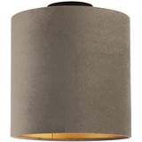 Plafondlamp met velours kap taupe met goud 25 cm - Combi zwart