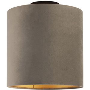Plafondlamp met velours kap taupe met goud 25 cm - Combi zwart
