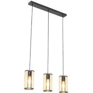 Oosterse hanglamp zwart met rotan 3-lichts langwerpig - Akira