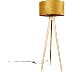 Vloerlamp hout met stoffen kap goud 50 cm - Tripod Classic