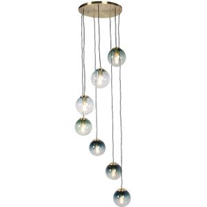 Art deco hanglamp messing met blauw glas 7-lichts - Pallon
