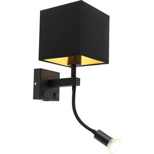 Moderne wandlamp zwart met USB en vierkante zwarte kap - Zeno