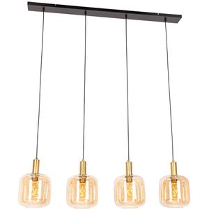 Design hanglamp zwart met messing en amber glas 4-lichts - Zuzanna