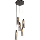 Moderne hanglamp zwart met smoke glas 5-lichts - Stavelot