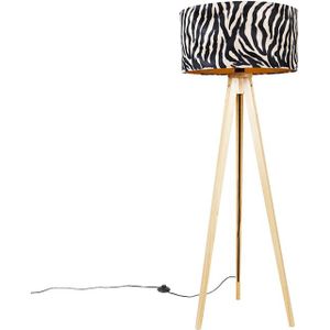 Vloerlamp hout met stoffen kap zebra 50 cm - Tripod Classic