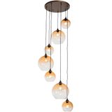Art Deco hanglamp donkerbrons met amber glas 7-lichts - Sandra