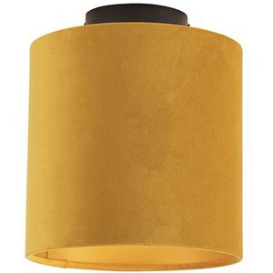 Plafondlamp met velours kap oker met goud 20 cm - Combi zwart