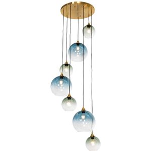 Art Deco Hanglamp messing met blauw glas rond 7-lichts - Sandra