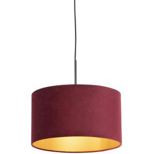 Zwarte hanglamp met velours kap rood met goud 35 cm - Combi