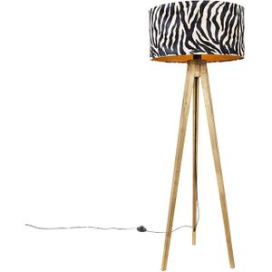 Vintage vloerlamp hout kap zebra dessin 50 cm - Tripod Classic