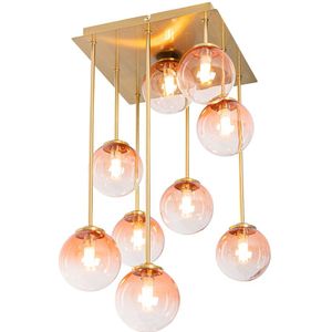 Art Deco plafondlamp goud met roze glas 9-lichts - Athens