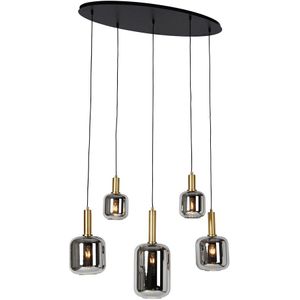 Hanglamp zwart met goud en smoke glas ovaal 5-lichts - Zuzanna
