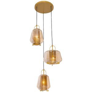 Hanglamp goud amber glas rond 3-lichts - Kevin