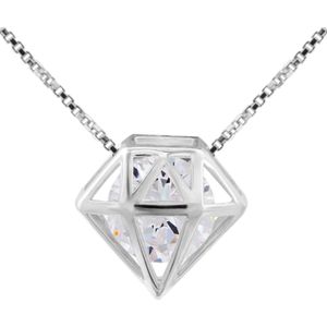 Zilveren ketting met hanger, opengewerkte diamantvorm met kristal