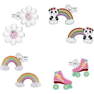 Kinderoorbellen, set van vier oorstekers regenboog, rolschaats en madeliefjes