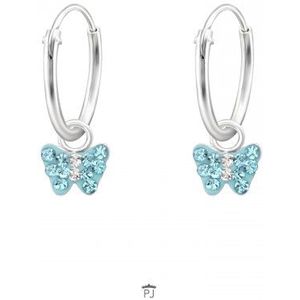 Zilveren oorringen met hanger, blauwe vlinder met kristallen