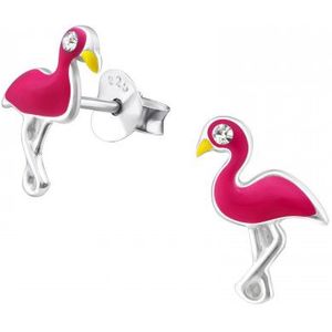 Zilveren oorstekers, flamingo met kristal