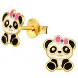 Gold plated oorstekers, panda met roze strik