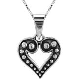 Zilveren ketting met hanger, opengewerkt hart met geoxideerde delen en bolletjes
