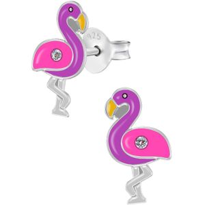 Zilveren oorstekers, roze met paarse flamingo met kristal