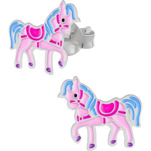 Zilveren oorstekers, roze paard met blauwe manen en staart