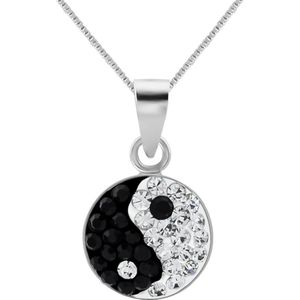 Zilveren ketting met hanger, yin en yang met kristallen