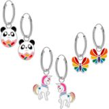 Set van zilveren oorringen met hanger, panda donut, eenhoorn en vlinder met regenboog kleuren