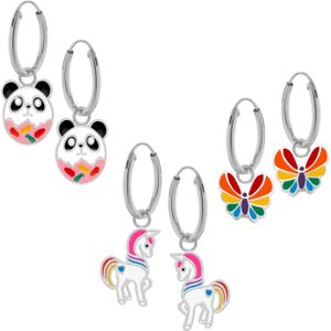 Set van zilveren oorringen met hanger, panda donut, eenhoorn en vlinder met regenboog kleuren
