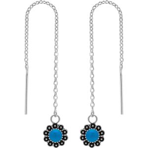 Zilveren chain oorbellen, bloemetje met blauwe steen