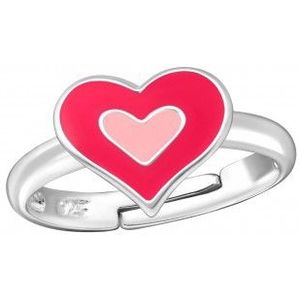 Zilveren ring, twee roze hartjes in elkaar