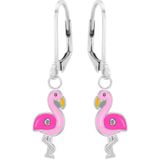 Zilveren oorhangers, roze flamingo met kristal